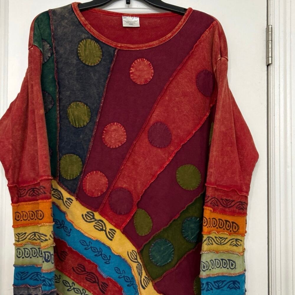 Greater Network 90s Boho Patchwork Cotton Top XXL Nepal Fair Trade Artsy - Picture 3 of 13